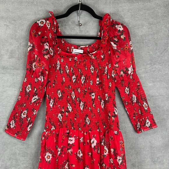 Urban Outfitters Dress Womens Small Red Floral Smocked Maxi Cottagecore Peasant - Picture 3 of 14